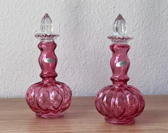 Pair of Vintage Fenton Cranberry Glass Perfume Bottle w/ Original Stopper Melon Design