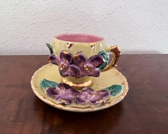 Vintage Lusterware Raised Flowers Honeycomb Textured Demitasse Cup and Saucer