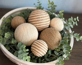 Jute and Cream | Rustic, Farmhouse | Rope Yarn Ornament Bowl Fillers | Set of 6