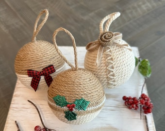 Rustic Farmhouse Jute and Cream Yarn Ornaments | Set of 3
