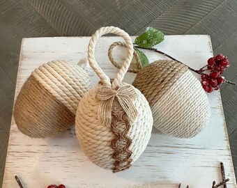 Farmhouse Rustic Ornaments | Oval/Egg Shape | Jute and Cream Yarn with Accents | Acorns | Set of 3