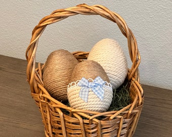 Jute and Cream Yarn Egg with Light Blue Ribbon | Set of 3 eggs | Plain Jute, Plain Cream Yarn, and Jute and Yarn Combination Egg