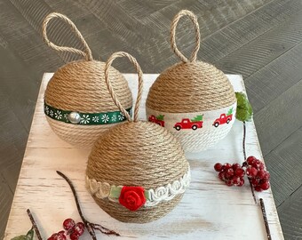 Rustic Farmhouse Ornaments with Jute and Cream Rope | Set of 3