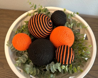 Orange and Black | Rustic, Farmhouse | Rope Yarn Ornament Bowl Fillers | Set of 6