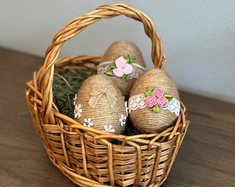 Jute Spring Easter Egg with Pink Decoration| Easter, Spring Bowl Fillers | Set of 3