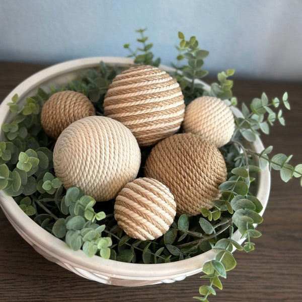 Jute and Cream | Rustic, Farmhouse | Rope Yarn Ornament Bowl Fillers | Set of 6