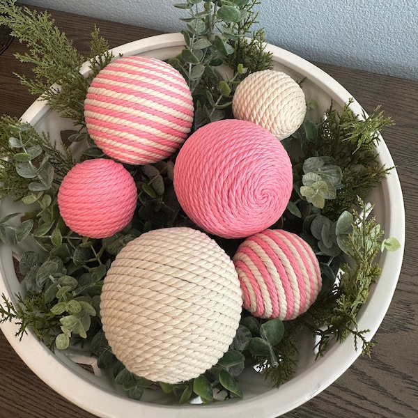 Pink and Cream | Rustic, Farmhouse | Rope Yarn Ornament Bowl Fillers | Set of 6