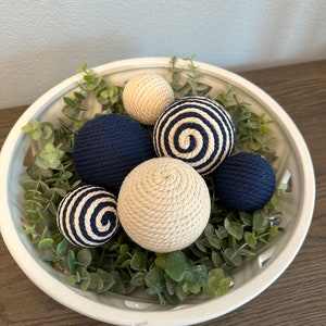 Navy Blue and Cream | Rustic, Farmhouse | Rope Yarn Ornament Bowl Fillers | Set of 6