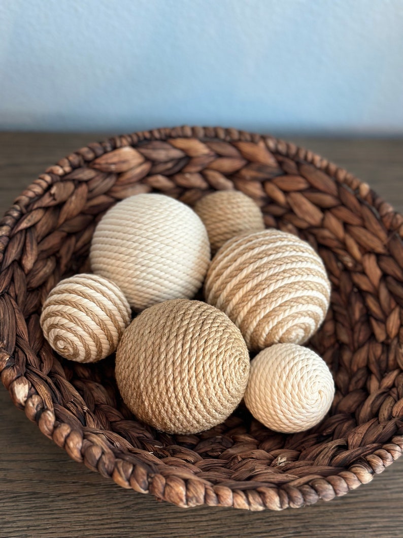 Jute and Cream Rustic, Farmhouse Rope Yarn Ornament Bowl Fillers Set of 6 image 3