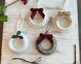 Rustic Farmhouse Ring Ornaments | Set of 4 | Yarn Crochet Rings with Accents