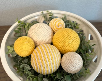 Yellow and Cream | Rustic, Farmhouse | Rope Yarn Ornament Bowl Fillers | Set of 6