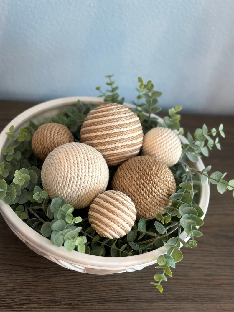 Jute and Cream Rustic, Farmhouse Rope Yarn Ornament Bowl Fillers Set of 6 image 1