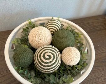 Green and Cream | Rustic, Farmhouse | Rope Yarn Ornament Bowl Fillers | Set of 6