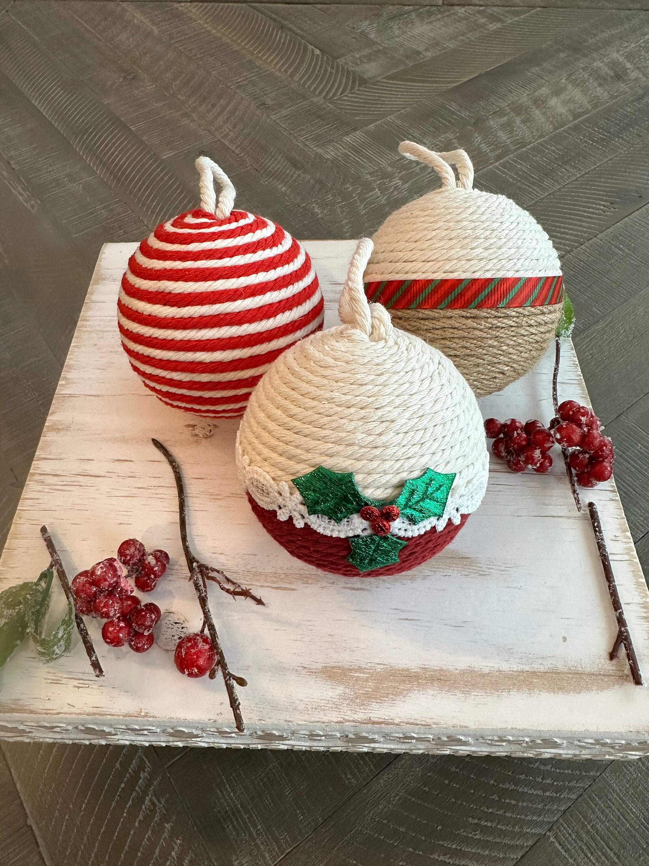 Rustic Farmhouse Holiday Ornaments | Jute and Rope Yarn | Set of 3