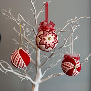 Fabric Farmhouse Rustic Ornaments | Red and White Candy Cane | Set of 3 | Made to Order
