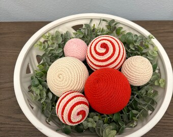 Red, Pink and Cream | Rustic, Farmhouse | Rope Yarn Ornament Bowl Fillers | Set of 6