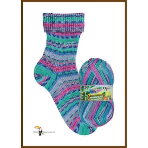 Könnte beinhalten: Ein Paar bunte Socken mit einem grün-blau-rosa gestreiften Muster. Die Socken sind aus Opal Regenwald II Garn hergestellt, einem Gemisch aus Wolle und Polyamid.