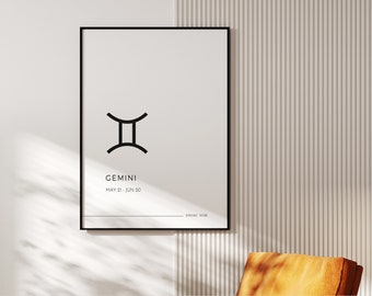 Gemini Star Sign Wall Art Print | Printable Digital Download | May June Birthday Gift | Minimal Zodiac Symbol Astrology Horoscope Poster