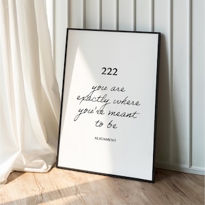 Puede incluir: Un póster enmarcado en negro con fondo blanco y texto negro que dice "222 you are exactly where you're meant to be ALIGNMENT".