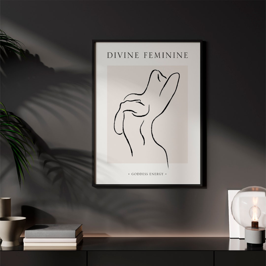Divine Feminine Print Wall Art Nude Line Art Spiritual Abstract Female Goddess Figure, Neutral