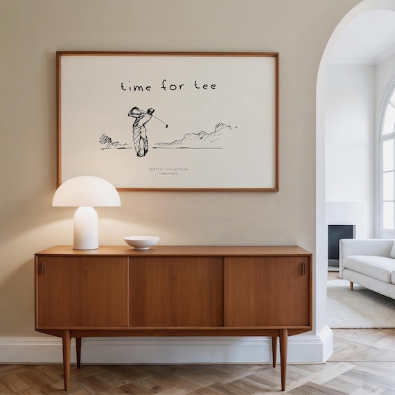 Golf Print: Vintage Golfer Poster Line illustration with 'Time for Tee' Pun Wall Art