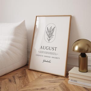 Impressão de flor de nascimento de agosto • Pôster com significado de flor de nascimento, desenho de linha floral estético minimalista de gladíolo, download de presente de aniversário de agosto