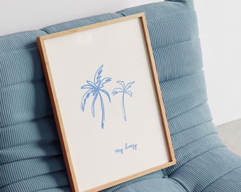 Coastal Quote Print, Easy Breezy Wall Art, Minimal Palm Tree Illustration in Blue