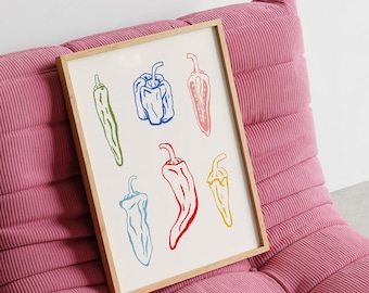 Chili Peppers Print, Colourful Vegetable Kitchen Foodie Wall Art