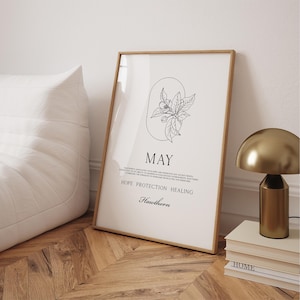 Impresión de flores de nacimiento de mayo • Póster con el significado de las flores del regalo de cumpleaños de mayo A1 A2 A3 A4 A5 Dibujo de líneas florales estético minimalista de espino Aries Tauro