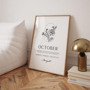 Impresión de flores de nacimiento de octubre • Póster con el significado de las flores de nacimiento, dibujo de líneas florales estético minimalista de caléndula, descarga de regalo de cumpleaños de octubre