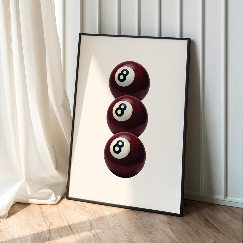 8 Ball Poster: Retro Billiards Print, Maroon Games Room Decor 888 Angel ...