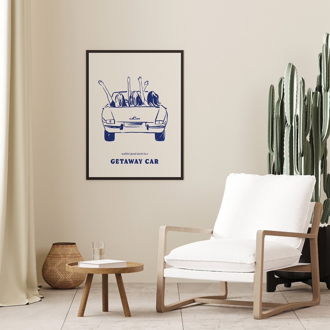 Getaway Car Print • Taylor Swiftie Lyrics | Blue Wall Art Digital Download | Boho Drawing Car Coastal | Retro Aesthetic Minimal Illustration