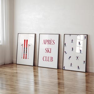 Juego de tres cuadros de pared para galería de après ski • Póster de viaje con ilustración de esquí acogedor, decoración vintage de cabaña y chalet, esquí minimalista, descarga