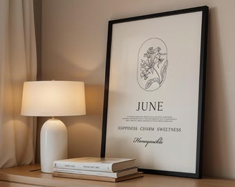 June Birth Flower Print: Meaning Honeysuckle Line Wall Art, Gemini Cancer Birthday Gift