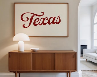 Texas Print, Red Typography Bold America Poster, Horizontal Landscape