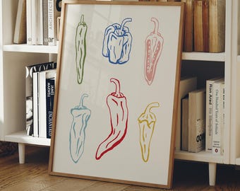 Chili Peppers Print, Colourful Vegetable Kitchen Foodie Wall Art
