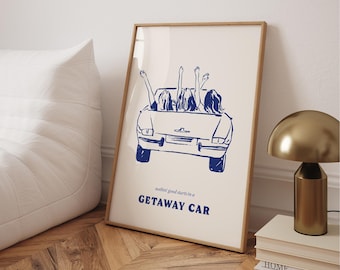 Getaway Car Lyrics Print: Retro Blue Car Illustration (Digital Download)