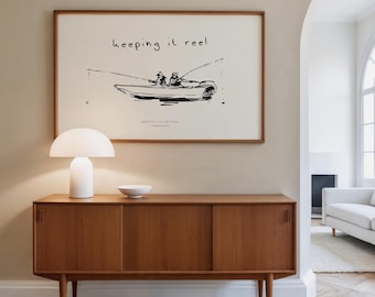 Fishing Print, Keeping it Reel Minimal Wall Art Poster, Fishermen Boat Illustration