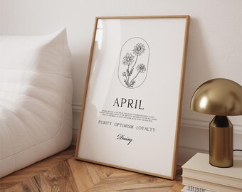 Bloemenprint madeliefje geboorte april: minimale lijnkunst aan de muur, verjaardagscadeau ram stier