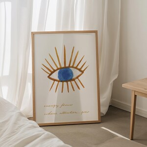 Evil Eye Print • Nazar Watercolour Blue Abstract Manifestation Poster, Energy Flows Where Attention Goes Wall Art Printable Digital Download