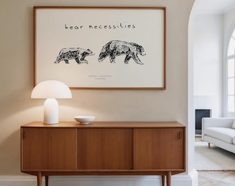 Bear Necessities Print: Bears Farmhouse Wall Art Poster, Horizontal Landscape Sketch