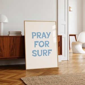 Poster Priez pour le surf : impression d'art mural bleu côtier, surf