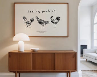 Impressão "Com fome": Pôster de parede com tema de galinha e comida, estilo fazenda, paisagem horizontal.