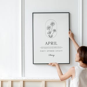 Impressão de flores de nascimento de abril • Significado da flor de nascimento, presente de aniversário de abril, pôster A1 A2 A3 A4 A5 Desenho de linha floral estético de margarida Áries Gêmeos