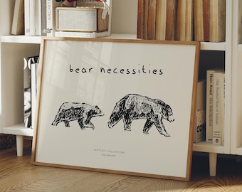 Bear Necessities Print: Bears Farmhouse Wall Art Poster, Horizontal Landscape Sketch