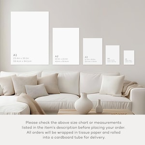 May include: A display of blank art prints in various sizes, including A1 (23.4 x 33.1 inches), A2 (16.5 x 23.4 inches), A3 (11.7 x 16.5 inches), A4, and A5. The prints are displayed above a white sofa with beige pillows and a wooden table.