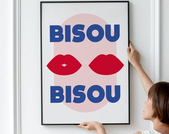 Bisou Bisou Impression d'art • Kiss Kiss Poster français | Contemporain | Lèvres bleues roses rouges abstraites bisous Saint-Valentin | Cuisine Chambre à coucher Galerie Mur