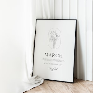 Geburtsblumen März • Geburtsblume Bedeutung Poster März Geburtstag, A1 A2 A3 A4 A5, Narzisse Minimal ästhetische Blumenlinie Zeichnung Fische