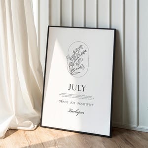 Impresión de flores de nacimiento de julio • Póster con el significado de las flores de nacimiento, dibujo lineal floral estético minimalista de Larkspur, regalo de cumpleaños de julio, descarga Cáncer Leo
