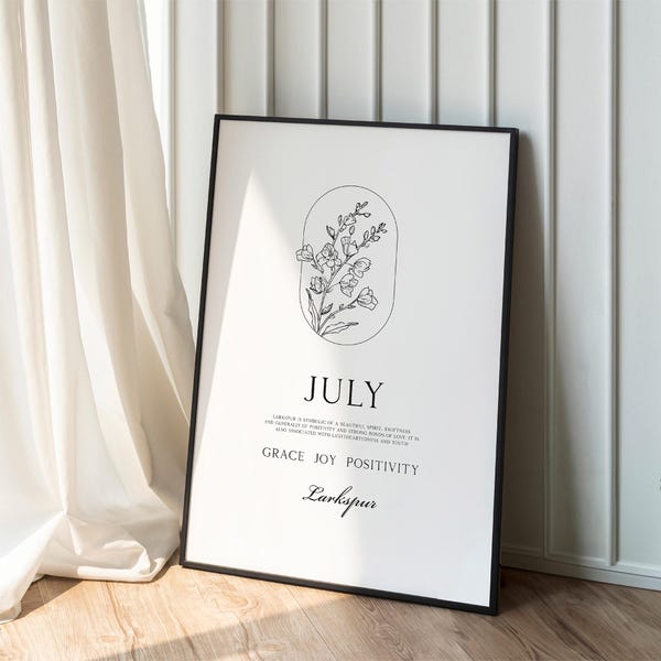July Birth Flower Print • Larkspur Meaning Poster, Minimal Floral Birthday Gift Cancer Leo